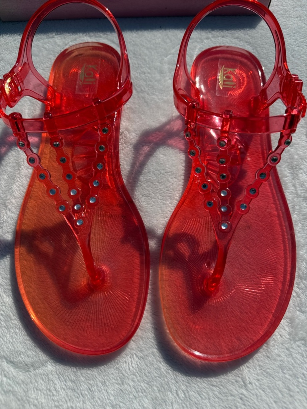 Kali Red Jelly T-Strap Sandals with Stud Accents - Picture 2 of 4